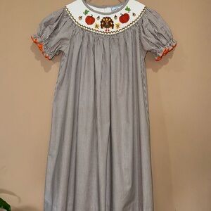 Three Sisters brown & white striped smocked dress with pumpkins and turkey